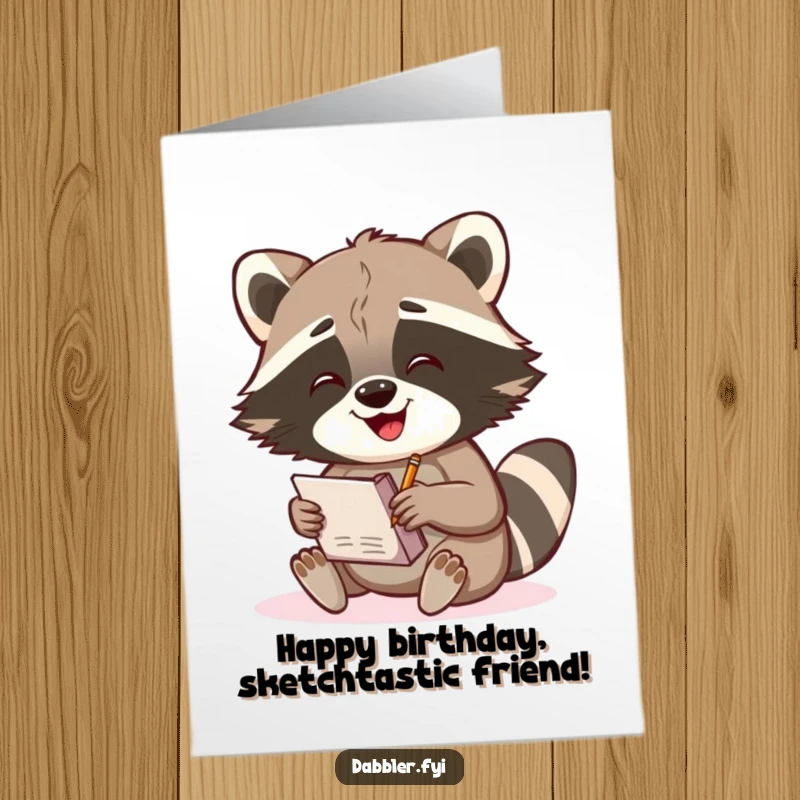 Funny Free Printable Birthday Card: A gleeful raccoon artist enthusiastically sketches in a notebook, capturing birthday joy on paper.