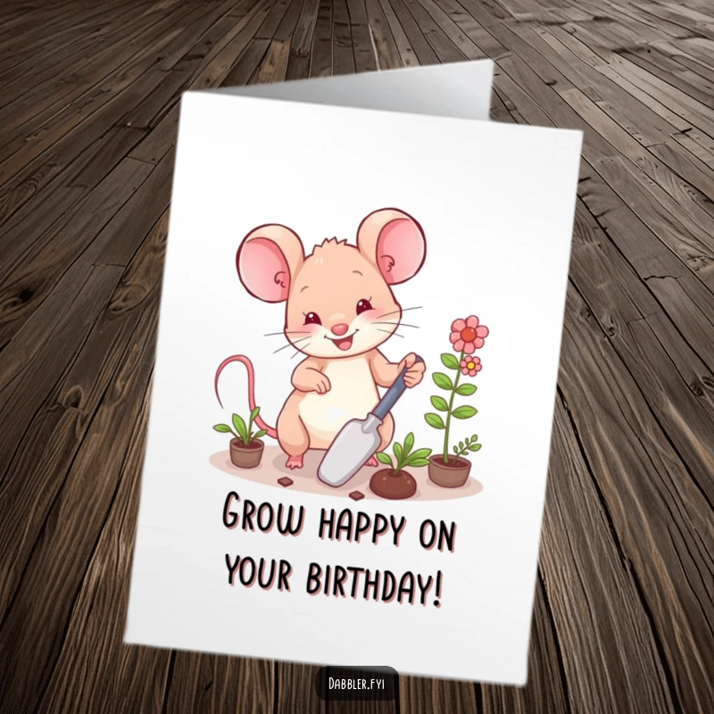 Funny Free Printable Birthday Card: Happy mouse carefully arranging tiny plants with a small trowel.