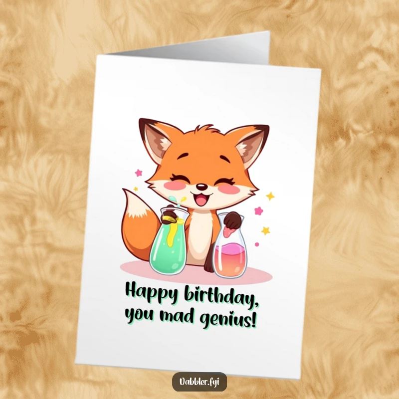Funny Free Printable Birthday Card: Whimsical fox gleefully mixing colorful liquids, celebrating with chaotic joy.
