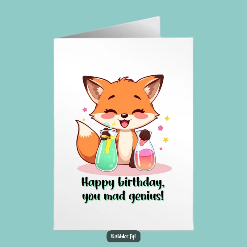 Free Printable Fox Birthday Card: Funny Mad Scientist Downloadable Gift for a Wild Party
