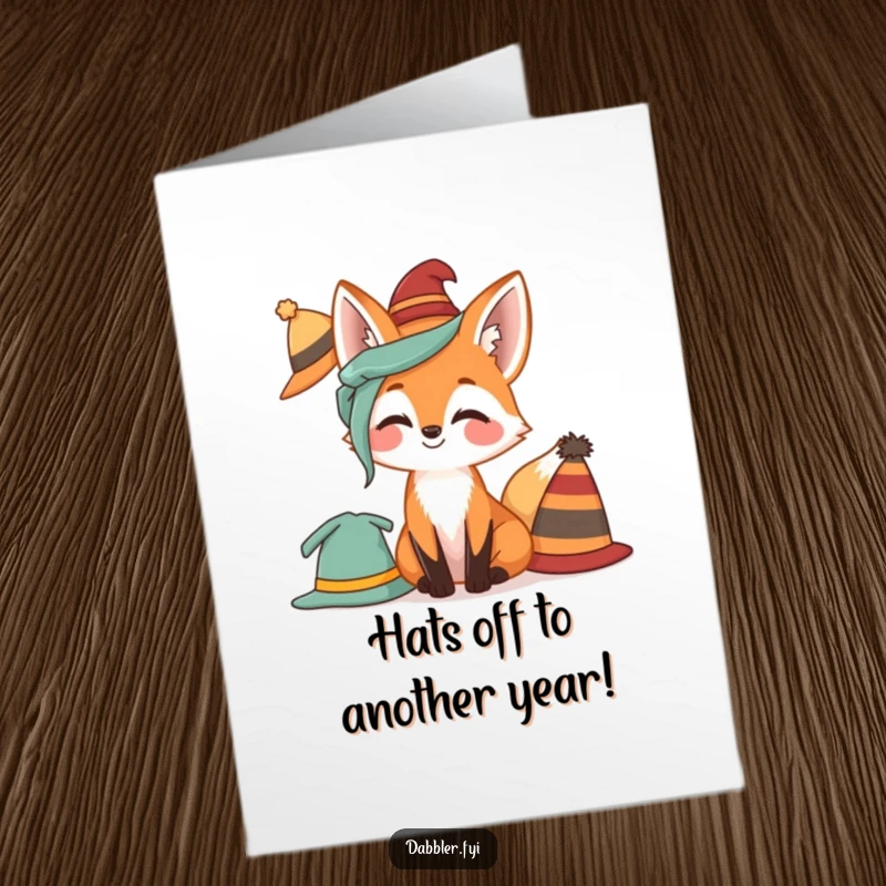 Funny free printable birthday card featuring a giggling fox joyfully trying on a collection of silly hats.