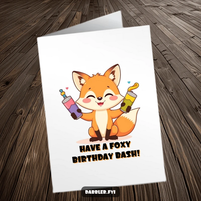 Funny Free Printable Birthday Card: A playful fox smiles while juggling three colorful paint tubes, ready to celebrate.