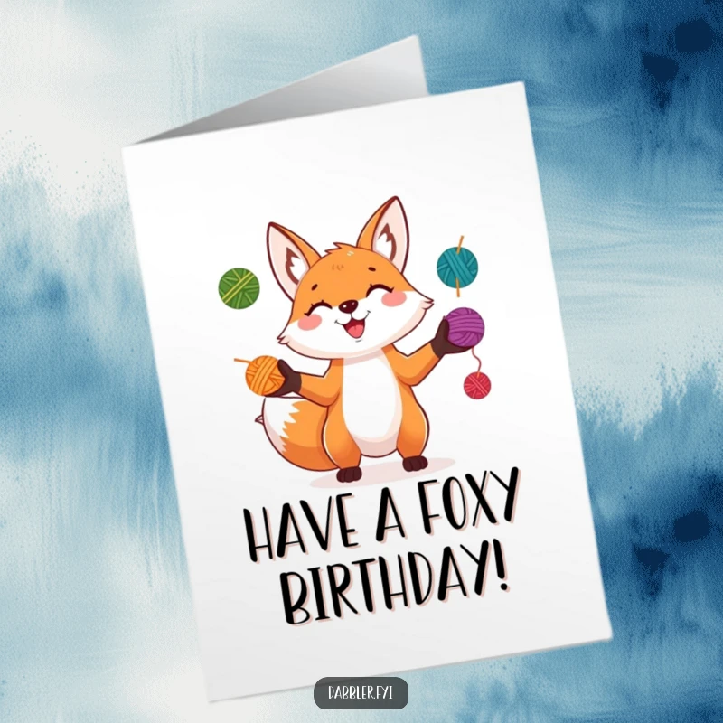 Funny Free Printable Birthday Card: A playful fox grins while juggling colorful yarn balls, a perfect DIY gift idea.