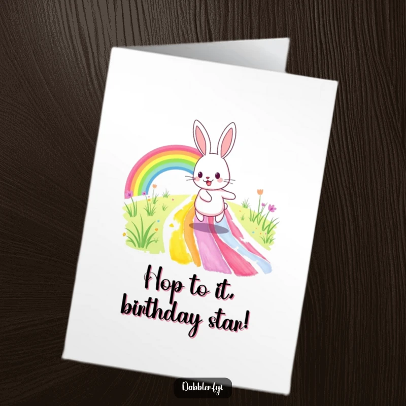 Funny Free Printable Birthday Card: Happy rabbit joyfully skips on a vibrant rainbow path, spreading cheer for your DIY gift.