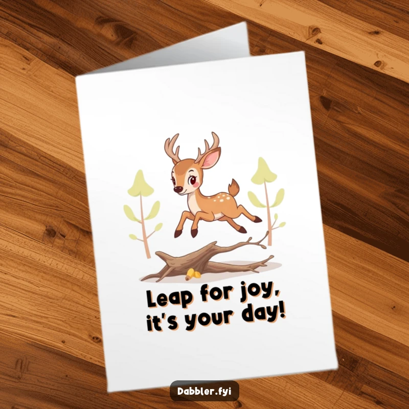 Funny Free Printable Birthday Card: Perky deer joyfully leaping over a branch, offering a giggle-filled greeting.