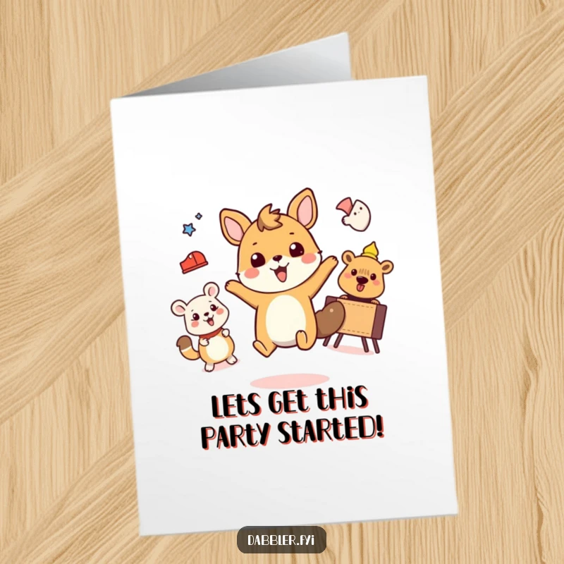 Funny Free Printable Birthday Card showing a super happy animal character energetically bouncing between various simple and delightful activities.