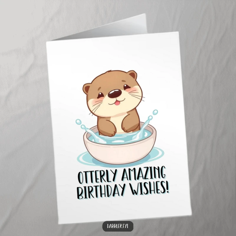 Funny Free Printable Birthday Card: Otter gleefully splashing in a tiny dish, a comical scene for instant cheer.