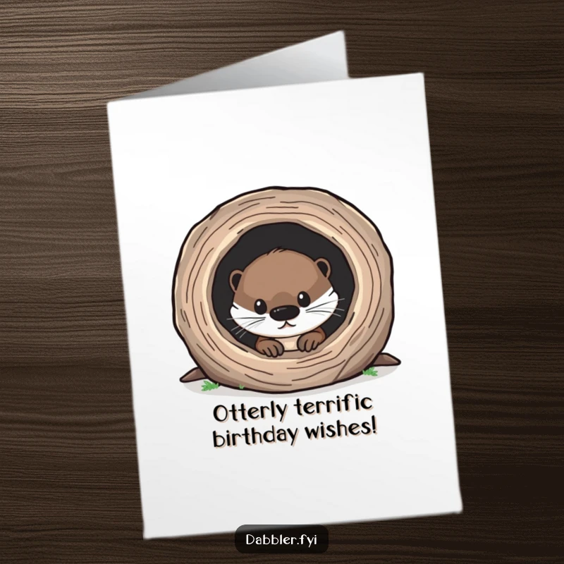 Funny free printable birthday card featuring a curious otter peeking into a tiny hollow log, ready to deliver a chuckle.