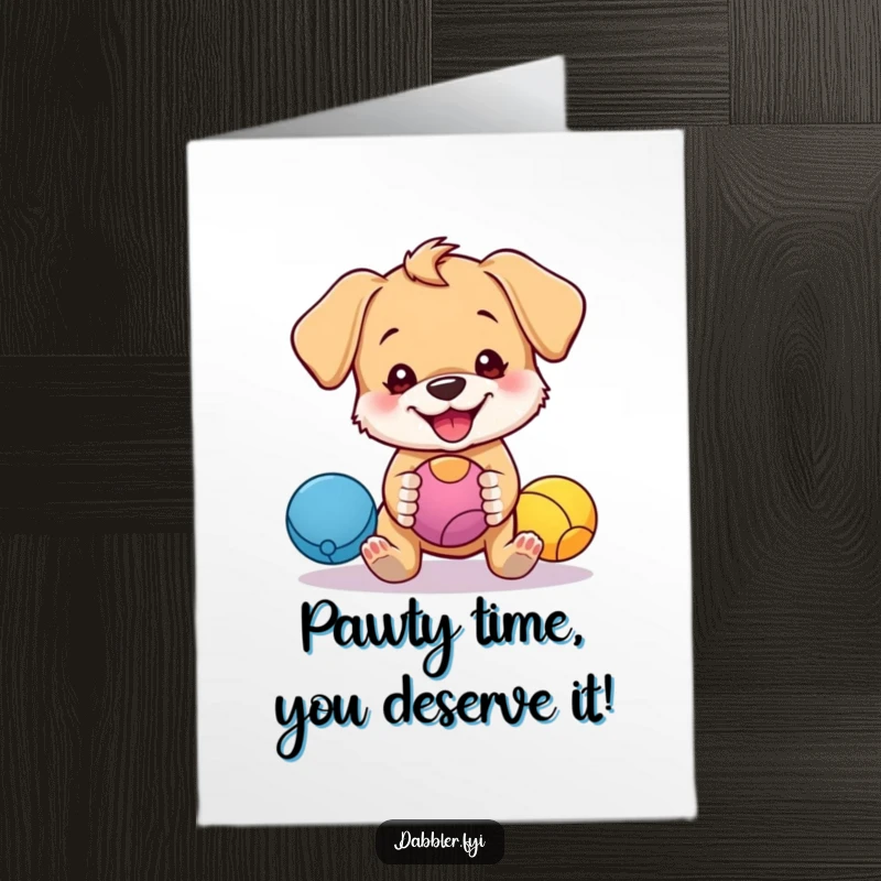 Funny free printable birthday card of a mischievous puppy juggling colorful balls, a playful DIY design.