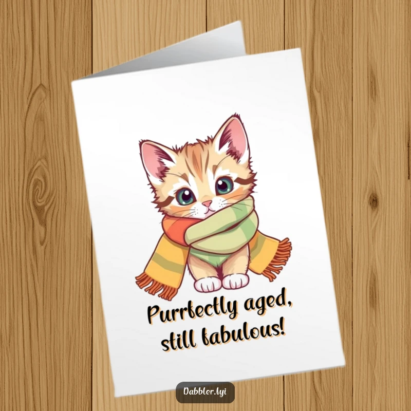 Funny Free Printable Birthday Card: Curious kitten peeking from a bright scarf, radiating playful mischief and birthday cheer.