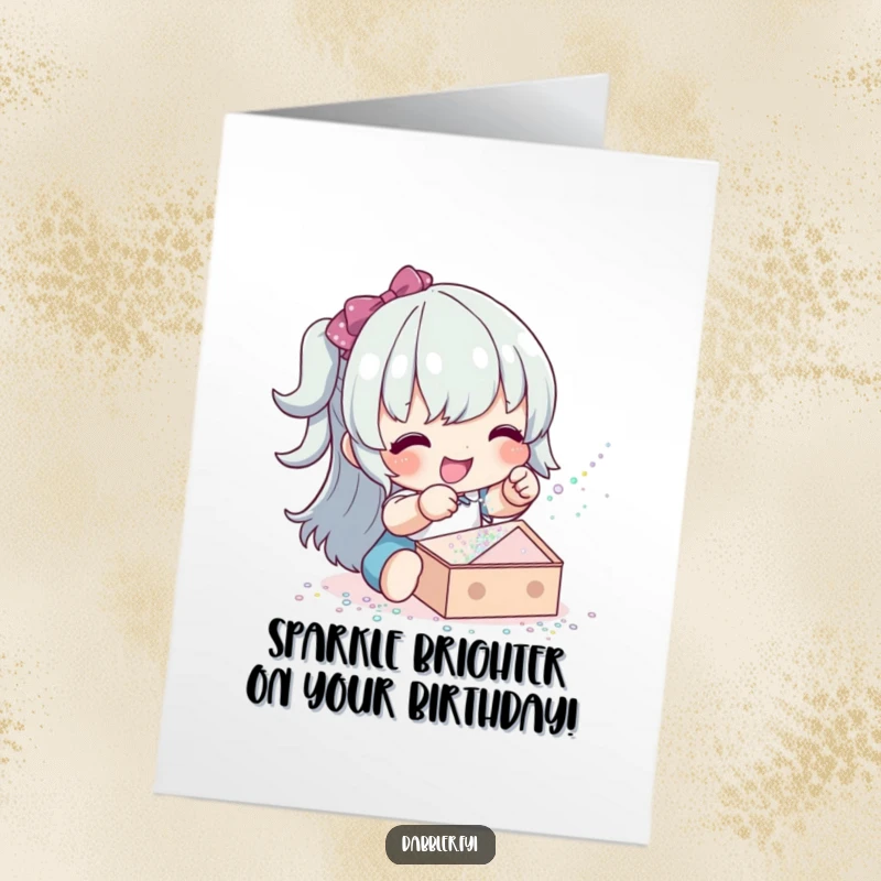 Funny Free Printable Birthday Card: Happy character playfully sprinkling glitter, a humorous DIY card for crafters.