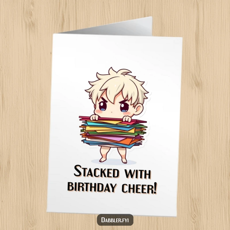 Funny Free Printable Birthday Card: Determined character balancing colorful paper scraps, a humorous DIY card.