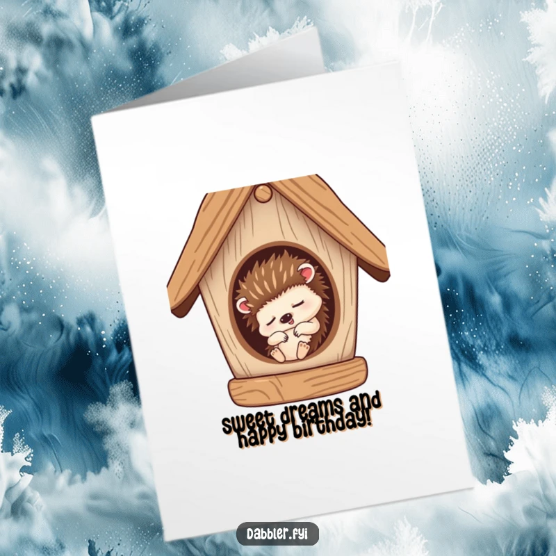 Funny Free Printable Birthday Card: Sleepy hedgehog napping inside a half-finished birdhouse.