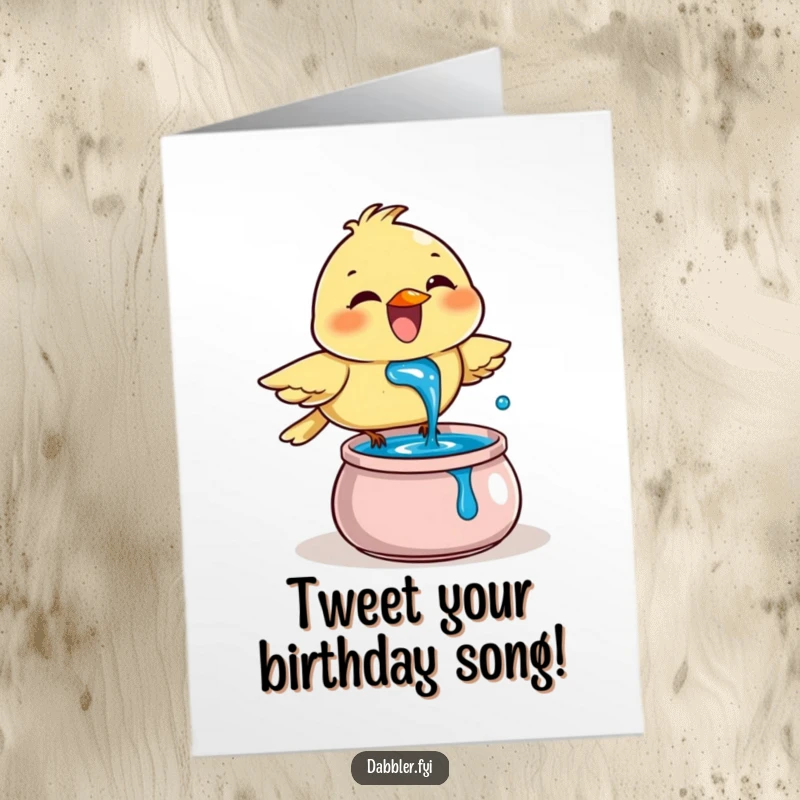 Funny Free Printable Birthday Card: Joyful bird dips beak into blue ink, a splashy DIY gift.