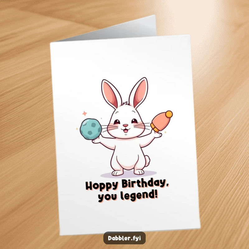 Funny Free Printable Birthday Card: A rabbit comically juggling colorful balls, adding a playful twist to birthday wishes.