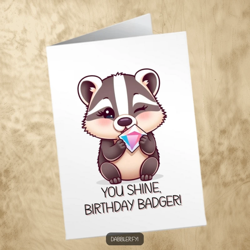Funny Free Printable Birthday Card: Surprised badger winking playfully while holding a sparkly gem, a delightful and humorous greeting.