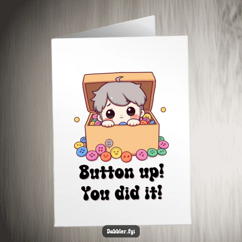 Funny Free Printable Congratulations Card with a character exploring a box full of colourful buttons, celebrating a fantastic achievement.