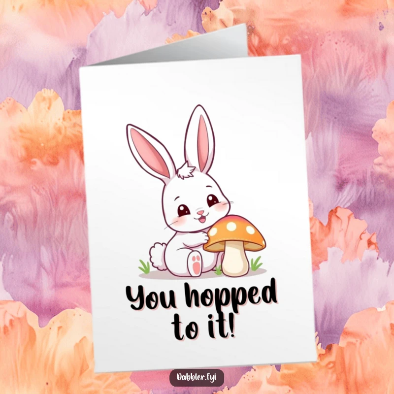 Quirky Free Printable Congratulations Card: Happy bunny curiously investigating a colorful mushroom, celebrating discovery, downloadable art.