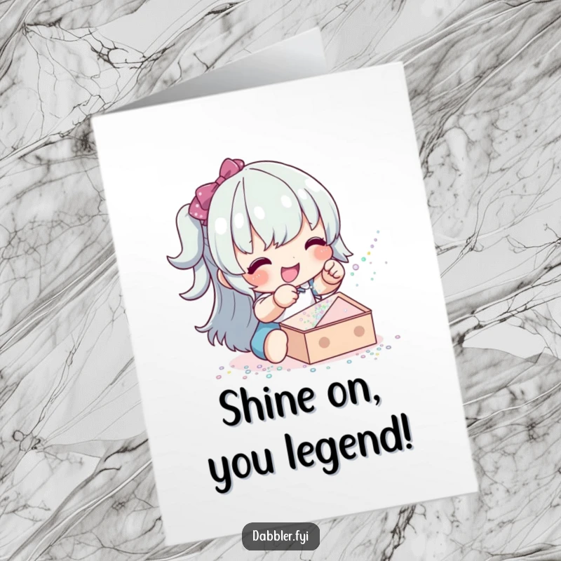 Funny Free Printable Congratulations Card: Happy character playfully sprinkling glitter, a humorous DIY congratulatory message.