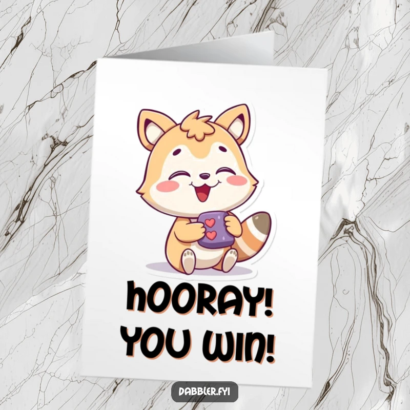 Funny free printable congratulations card: A cheerful animal character is captivated by an intriguing new discovery, celebrating success.