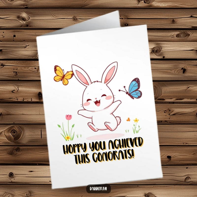 Funny Free Printable Congratulations Card: Energetic rabbit leaps after a butterfly, celebrating success with pure joy.