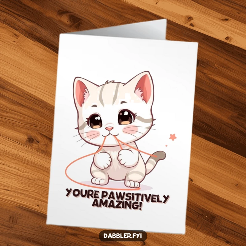 Funny free printable congratulations card featuring a happy kitten batting at a string that leads everywhere, a charming downloadable.