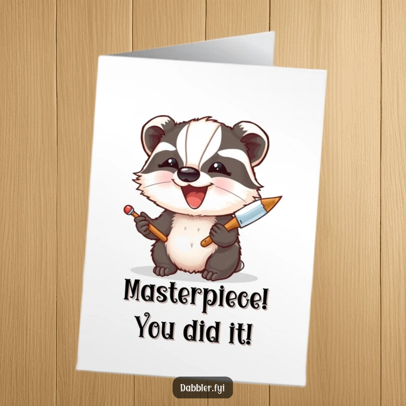 Funny Free Printable Congratulations Card: A delighted badger tries palette knife painting, a creative downloadable art gift.