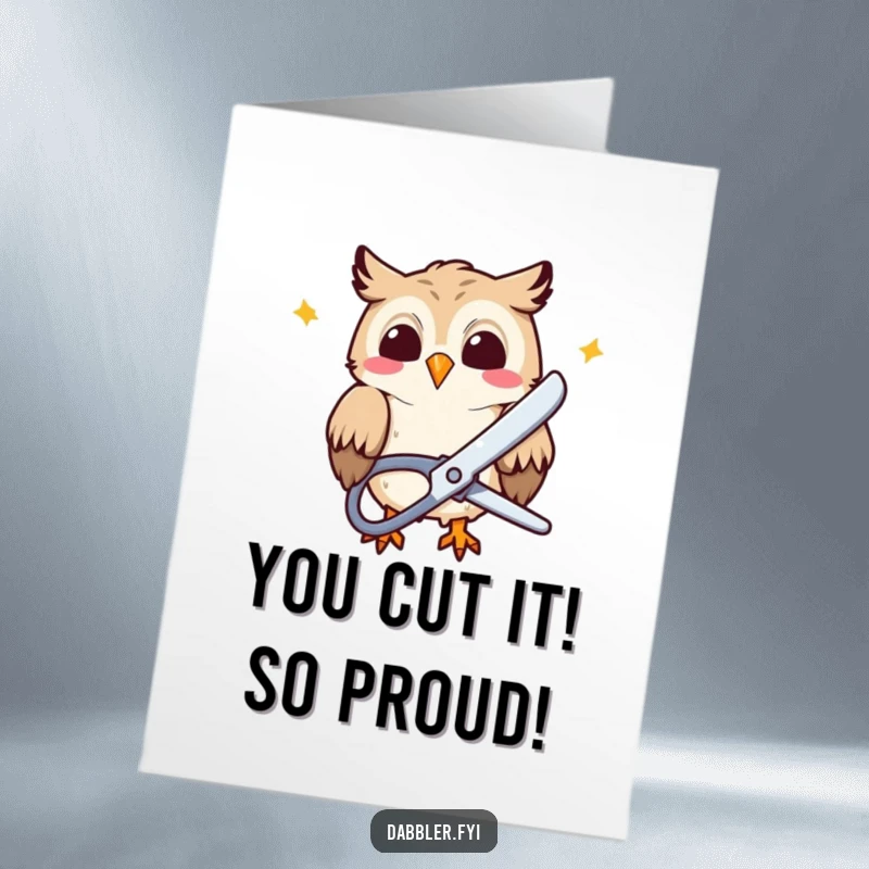 Funny Free Printable Congratulations Card: Giggling owl cutting paper, a creative DIY printable for congratulations.