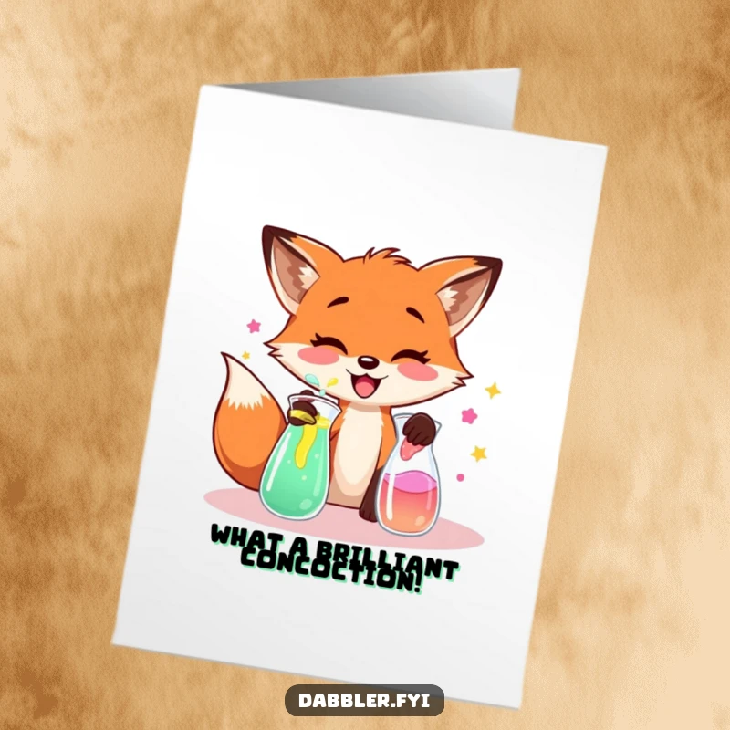 Funny Free Printable Congratulations Card: Whimsical fox creating a colorful concoction, celebrating a brilliant achievement.