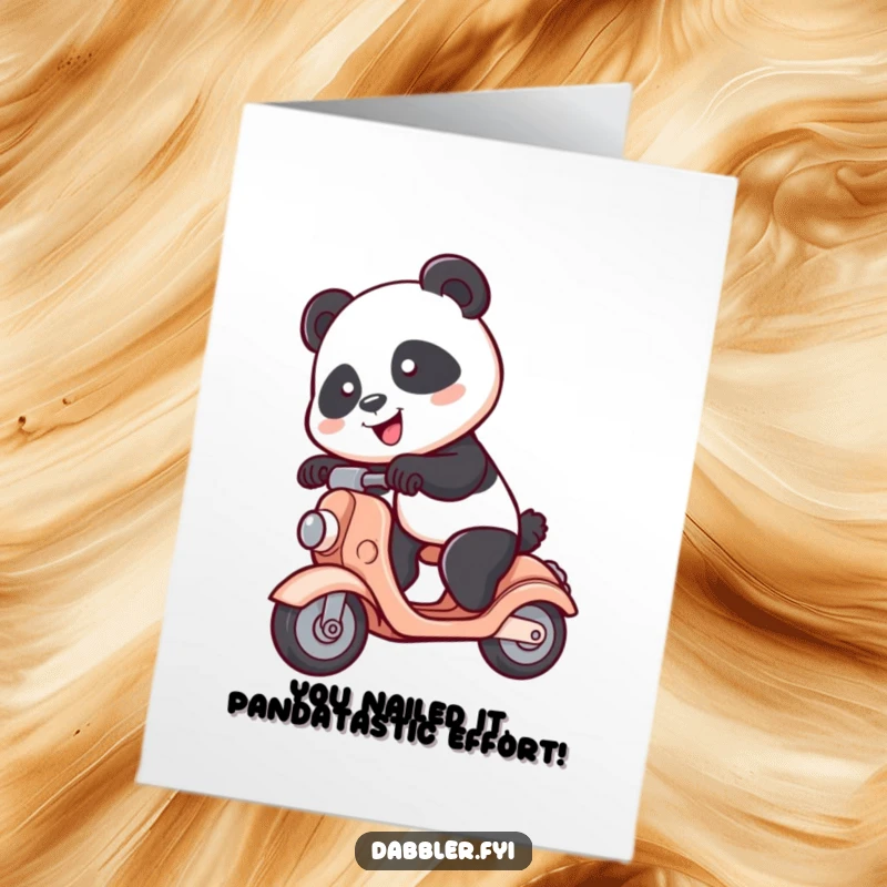 Funny Free Printable Congratulations Card: A spunky panda hilariously attempts to ride a toy scooter, a comical way to say congrats.