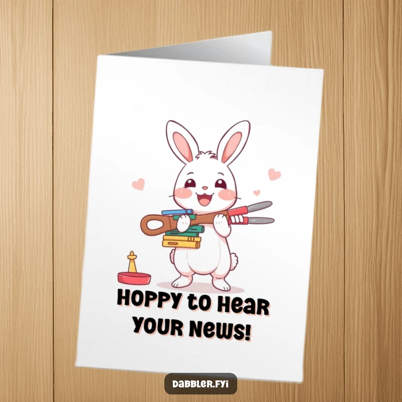 Funny Free Printable Congratulations Card: A happy rabbit enthusiastically balances a stack of crafting tools, a charming DIY gift.