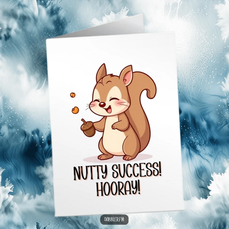 Funny Free Printable Congratulations Card: Playful squirrel enthusiastically tossing a tiny acorn, celebrating wins.