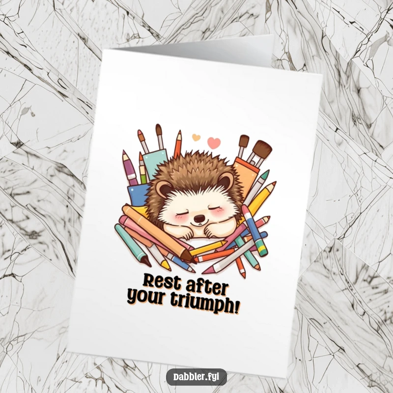 Funny Free Printable Congratulations Card: Hedgehog peacefully naps near colorful art supplies, a downloadable art gift.