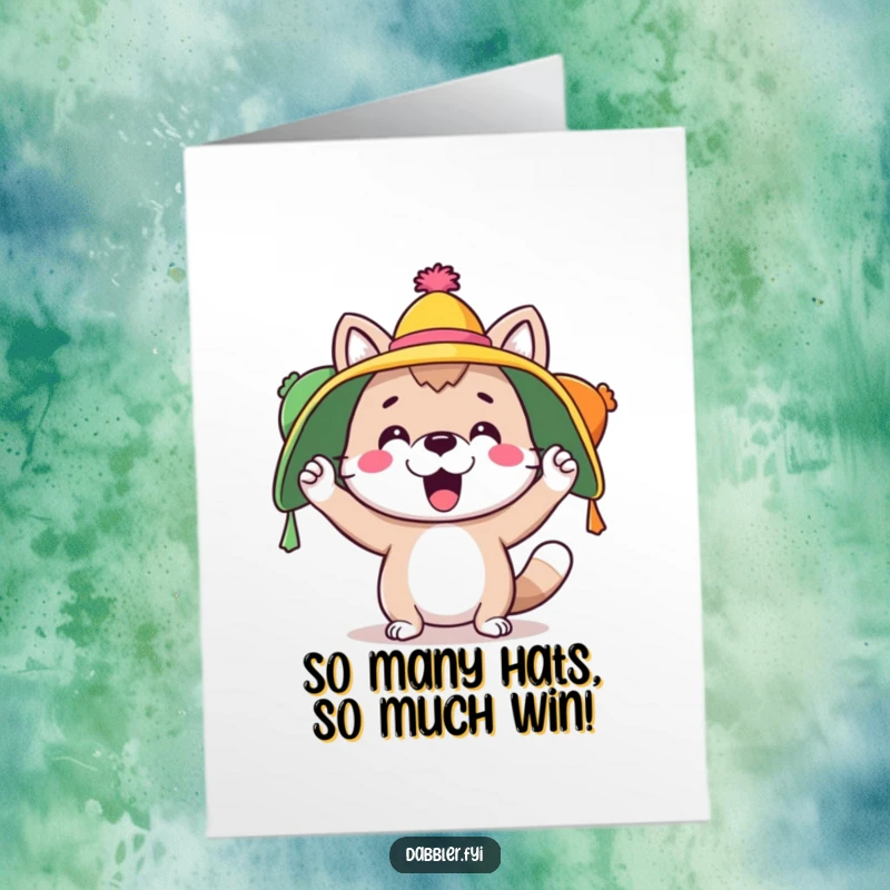 Funny Free Printable Congrats Card: A playful animal dons multiple colorful hats, representing a versatile and successful celebration.