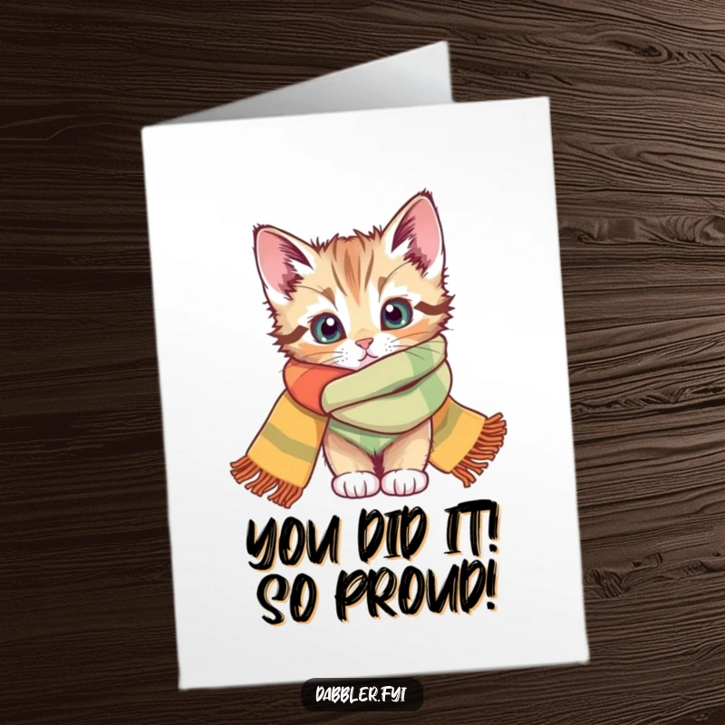 Funny Free Printable Congratulations Card: A cute kitten with wide eyes peeks from a colorful scarf, sharing celebratory excitement.