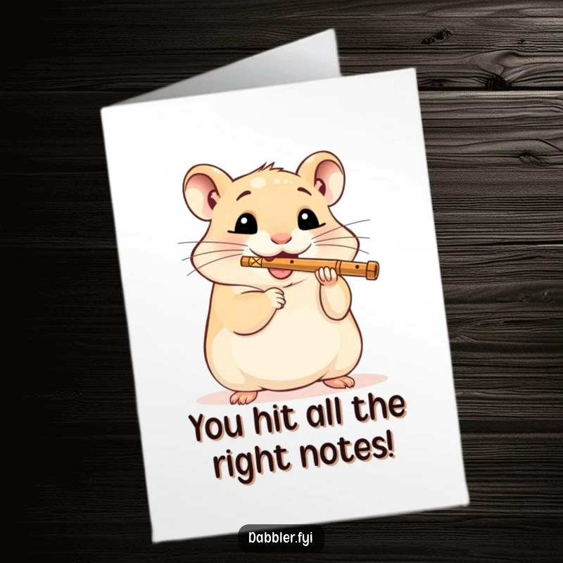 Funny Free Printable Congratulations Card: Hamster playing flute with pure delight, a humorous way to celebrate achievements.