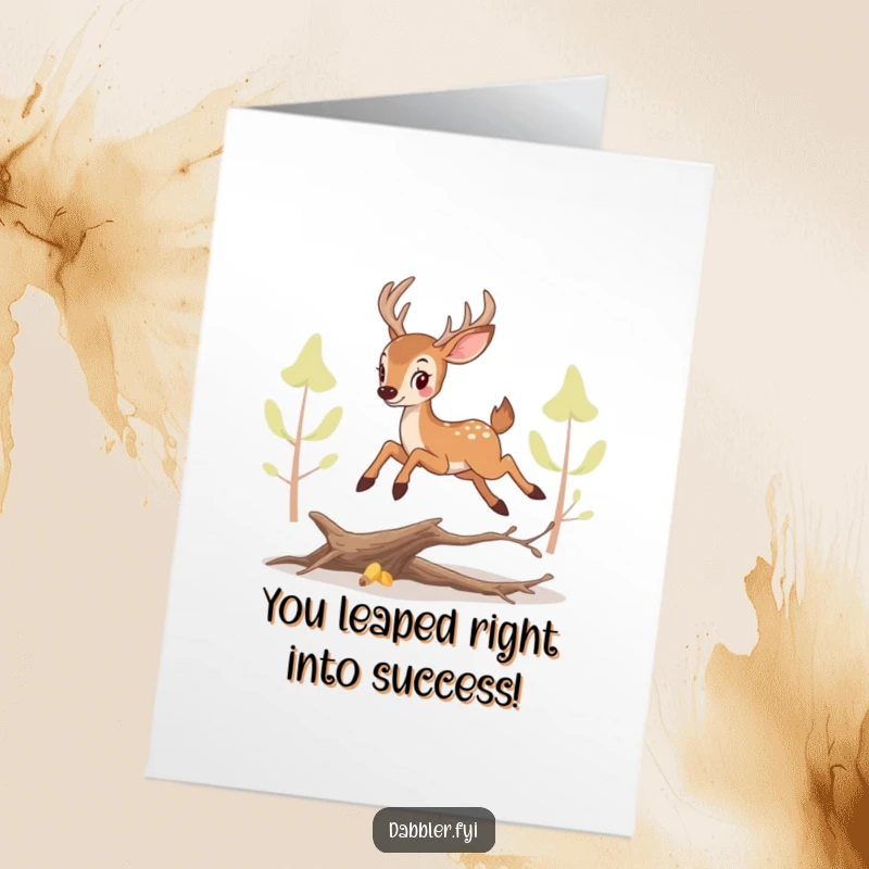 Funny Free Printable Congratulations Card: Perky deer bounding over a branch, celebrating success with a smile.