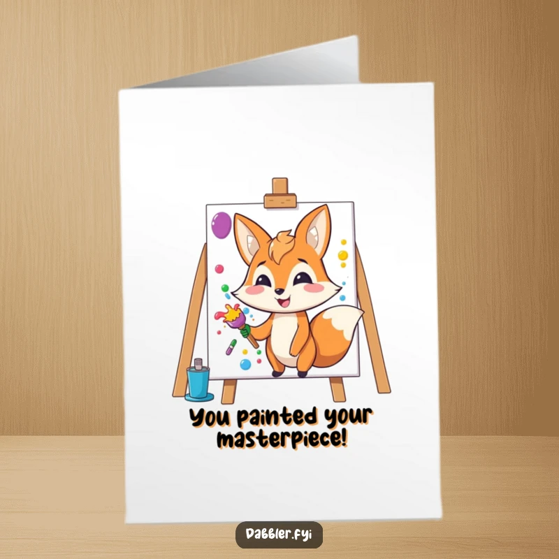 Funny Free Printable Congrats Card: Happy fox grinning, splashing vibrant paint onto a blank canvas, celebrating creativity.