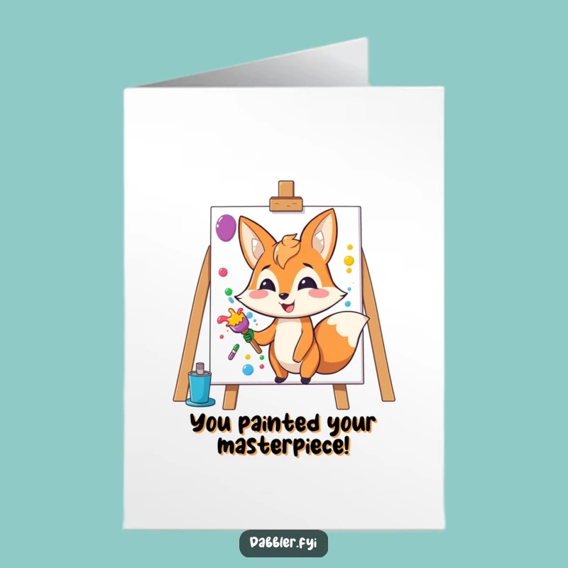 Free Printable Congrats Card: Fox Splashes Paint, Funny Downloadable Gift for Artistic Success