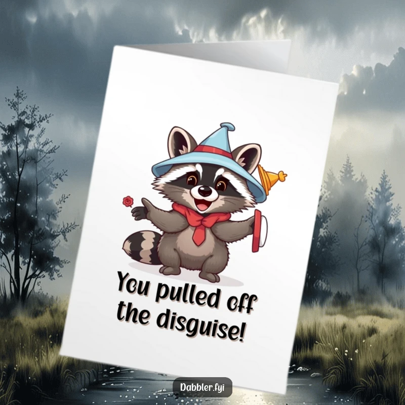 Funny Free Printable Raccoon Congratulations Card featuring a playful raccoon in a stylish disguise, celebrating an achievement.