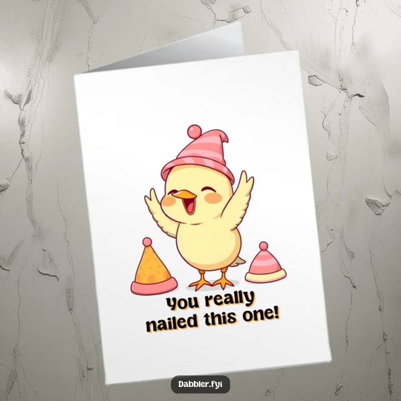Funny Free Printable Congratulations Card: Joyful bird striking a pose in tiny hats, celebrating success.