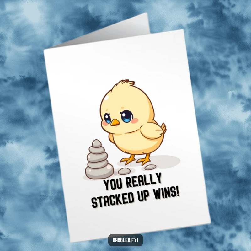 Funny Free Printable Congratulations Card: A determined chick focused on stacking pebbles, a humorous illustration of effort and achievement.