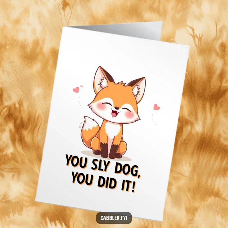 Funny Free Printable Congratulations Card: A fox laughing joyfully while experimenting with trendy outfits and accessories, celebrating success.