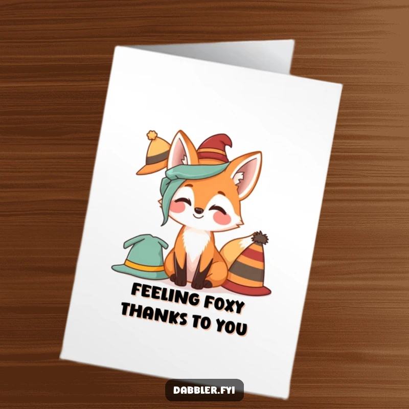 Funny free printable thank you card of a giggling fox trying on a humorous hat, expressing your gratitude.