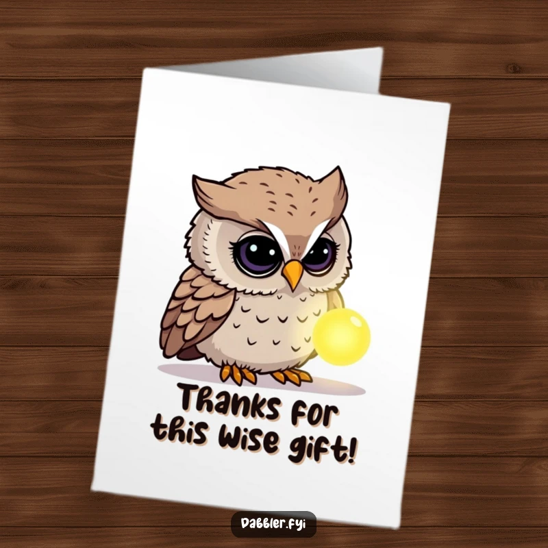 Funny Free Printable Thank You Card: A curious owl studies a glowing object, a unique and thoughtful way to express thanks.