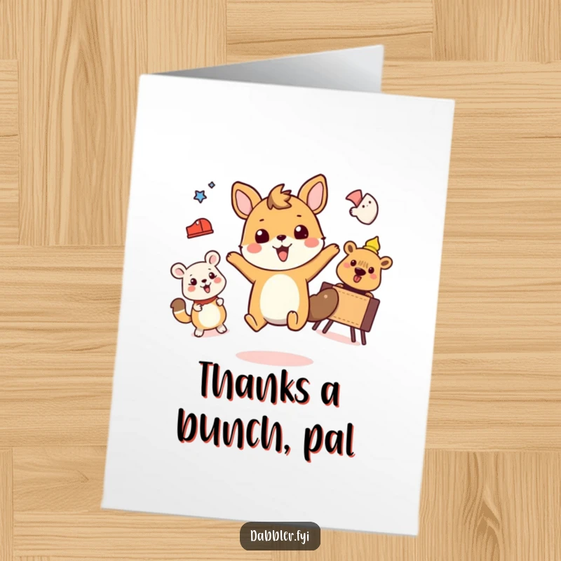 Funny Free Printable Thank You Card depicting a joyful animal character playfully bouncing and engaging in diverse, high-energy simple activities.