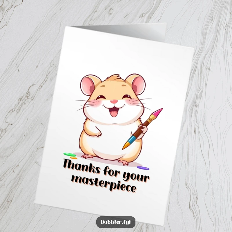 Funny Free Printable Thank You Card: Giggling hamster with paintbrush, artistic thanks, colorful gesture.