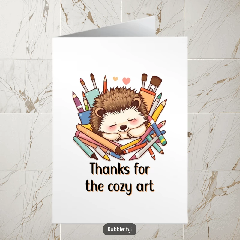 Funny Free Printable Thank You Card: Content hedgehog naps peacefully amidst colorful art supplies, a DIY gift.