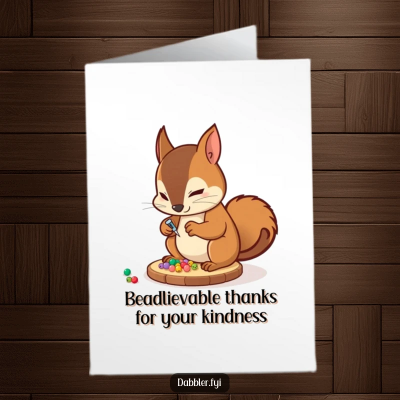 Funny Free Printable Thank You Card: Squirrel meticulously gluing beads, a delightful DIY craft gift for thanks.