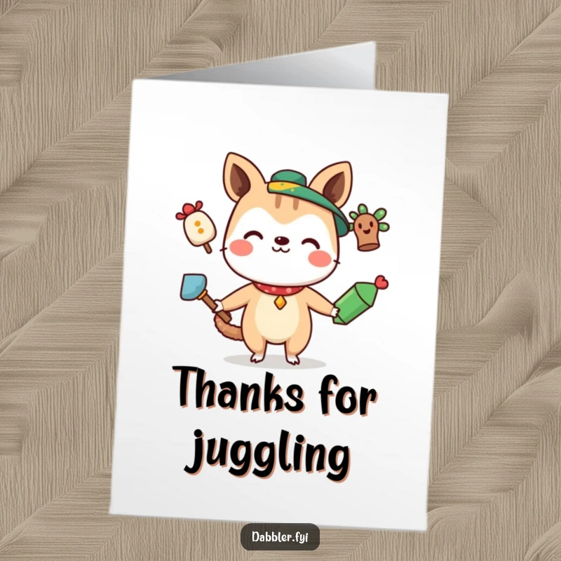 Funny Free Printable Thank You Card: A happy animal juggles three peculiar items, symbolizing a well-rounded thank you.